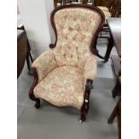 19th cent. Button back upholstered armchair, show wood top rail, carved scroll arms and cabriole