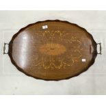 Edwardian oval inlaid tray with wavy edge gallery, brass handles, central inlaid shell surrounded by