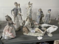 Porcelain: 20th cent. Lladro figures girl with a lamb 11ins, boy with goat 11ins, boy seated with