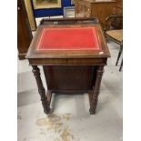 19th cent. Mahogany Davenport, red leather skiver, one concealed box on four drawers to one side.