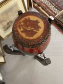 Asian painted Temple drum and stand made from wood the drum with leather top and bottom and the