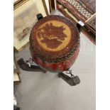 Asian painted Temple drum and stand made from wood the drum with leather top and bottom and the