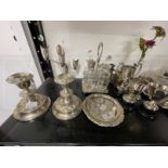 White Metal: Silver plated tray, pair of candlesticks, two cache pots, salt and pepper, plated