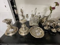 White Metal: Silver plated tray, pair of candlesticks, two cache pots, salt and pepper, plated