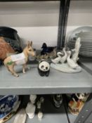 Ceramics: Poole blue pottery duck, Beswick donkey 4¼ins, Beswick panda 3ins, Lladro group of geese