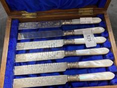 Hallmarked Silver: Set of six silver bladed fruit knives with mother of pearl handles in a fitted