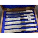 Hallmarked Silver: Set of six silver bladed fruit knives with mother of pearl handles in a fitted