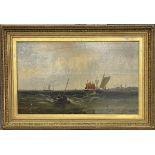 J.W. Callow: Flourished 1860. Oil on canvas, a maritime study sailing ships in rough seas off a