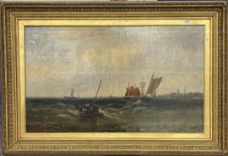 J.W. Callow: Flourished 1860. Oil on canvas, a maritime study sailing ships in rough seas off a