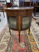 19th cent. Mahogany demi-lune miniature vitrine/display cabinet with inlaid decoration. 23ins. x