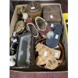 Collectables: Pair of Chinese wooden shoes, two treen bowls, amboynia box, plaster figure,