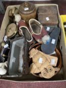 Collectables: Pair of Chinese wooden shoes, two treen bowls, amboynia box, plaster figure,