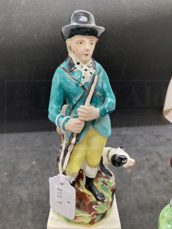 19th cent. Staffordshire figures c1830 a rabbit 4ins, a hunter carrying a gun standing before a - Image 3 of 6