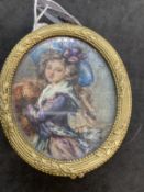 Early 20th cent. Gilt brass oval box with painted top Princess Potocka. 3ins. x 2?ins.