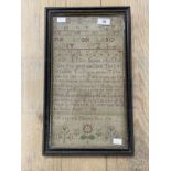 Early 18th cent. Needlework sampler religious text in French with alphabet above and flowers below