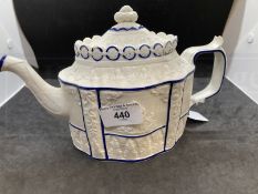 Late 18th/early 19th cent. c1800 English Feldspar stoneware teapot with sliding lid, decorated