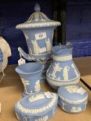 20th cent. Ceramics: Wedgwood Jasperware large pedestal urn 11½ins, plus a jug, vase, and two pin
