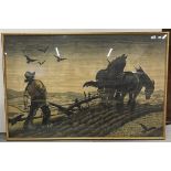 20th cent. Print: A farmer ploughing a field, framed and glazed. 35ins. x 55ins.