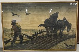 20th cent. Print: A farmer ploughing a field, framed and glazed. 35ins. x 55ins.