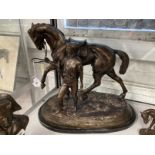 20th cent. Bronze figure of a racehorse and jockey on a marble base, signed and dated. 18½ins.