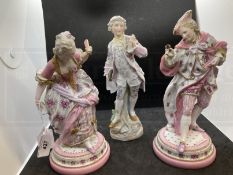 Ceramics: Porcelain figures, young lady and gentleman holding fans, small loss to his fan, on