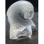 20th cent. Glass: Lalique crystal macaw parrot head paperweight. No. 118500.