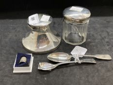 Hallmarked Silver: Silver inkwell, silver topper glass jar, silver thimble and three spoons.
