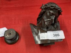 J. Clesinger Roma 1858: Bronze bust of Christ on a round base stamped F. Barbedienne Fondeur,