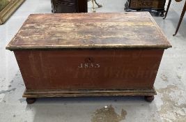 19th cent. Scandinavian painted pine coffer with candle box and moulded plinth on bun feet, dated