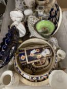 Ceramics: Coalport figurine, Dresden bowl with pierced rim painted with birds Imari items, etc. (2