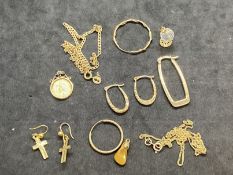 Hallmarked and yellow metal odd earrings, broken chains, etc. All test as 9ct gold. Total weight