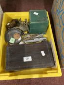 Collectables: Sorento watch holder with yellow metal watch, rosewood box, brass camel, treen boxes