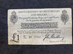 Numismatics: WWI Treasury Note, United Kingdom of Great Britain and Ireland £1 one pound, first