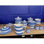 Ceramics: Banded T.G. Green and style mostly modern blue banded canisters and kitchen ware. (13)