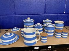 Ceramics: Banded T.G. Green and style mostly modern blue banded canisters and kitchen ware. (13)