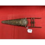 Edged Weapons: Indian dagger (Katar), triangular blade 8½ins, with engraved figures and animals,