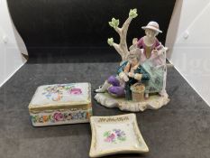 Ceramics: 20th cent. German porcelain Kister romantic couple sat by a tree, him playing the flute,