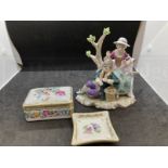 Ceramics: 20th cent. German porcelain Kister romantic couple sat by a tree, him playing the flute,