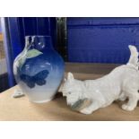 Royal Copenhagen: West Highland terrier playing with slipper No. 3476, plus small bulbous vase