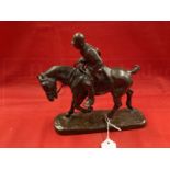 Gaston d'Illiers (1876-1952): Piqueux au Trot bronze huntsman, smoking a pipe, on his horse,