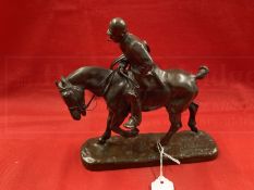 Gaston d'Illiers (1876-1952): Piqueux au Trot bronze huntsman, smoking a pipe, on his horse,