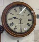 Clocks: Early 20th cent. oak Ward and Son of Evesham fusee, circular dial school clock, 16ins.,