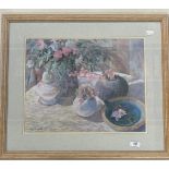 Jackie Simmonds 1944 still life with flowers and vases, pastel on paper, signed, bears label to