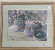 Jackie Simmonds 1944 still life with flowers and vases, pastel on paper, signed, bears label to