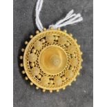 Jewellery: Yellow metal Victorian circular Tuscan style brooch with shot and wire work decoration,