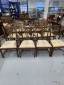 20th cent. Mahogany Chippendale style set dining or boardroom chairs, set of ten. Plus two carvers