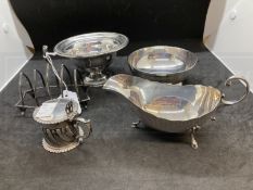 Hallmarked Silver: Sauce boat, mustard pot with hinged cover, toast rack, two bowls, one gadroon