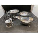 Hallmarked Silver: Sauce boat, mustard pot with hinged cover, toast rack, two bowls, one gadroon