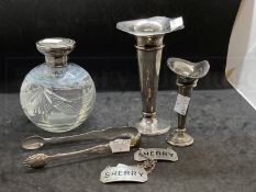 Hallmarked Silver: Two bud vases, sugar nips, decanter labels and perfume bottle, various hallmarks.