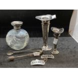 Hallmarked Silver: Two bud vases, sugar nips, decanter labels and perfume bottle, various hallmarks.